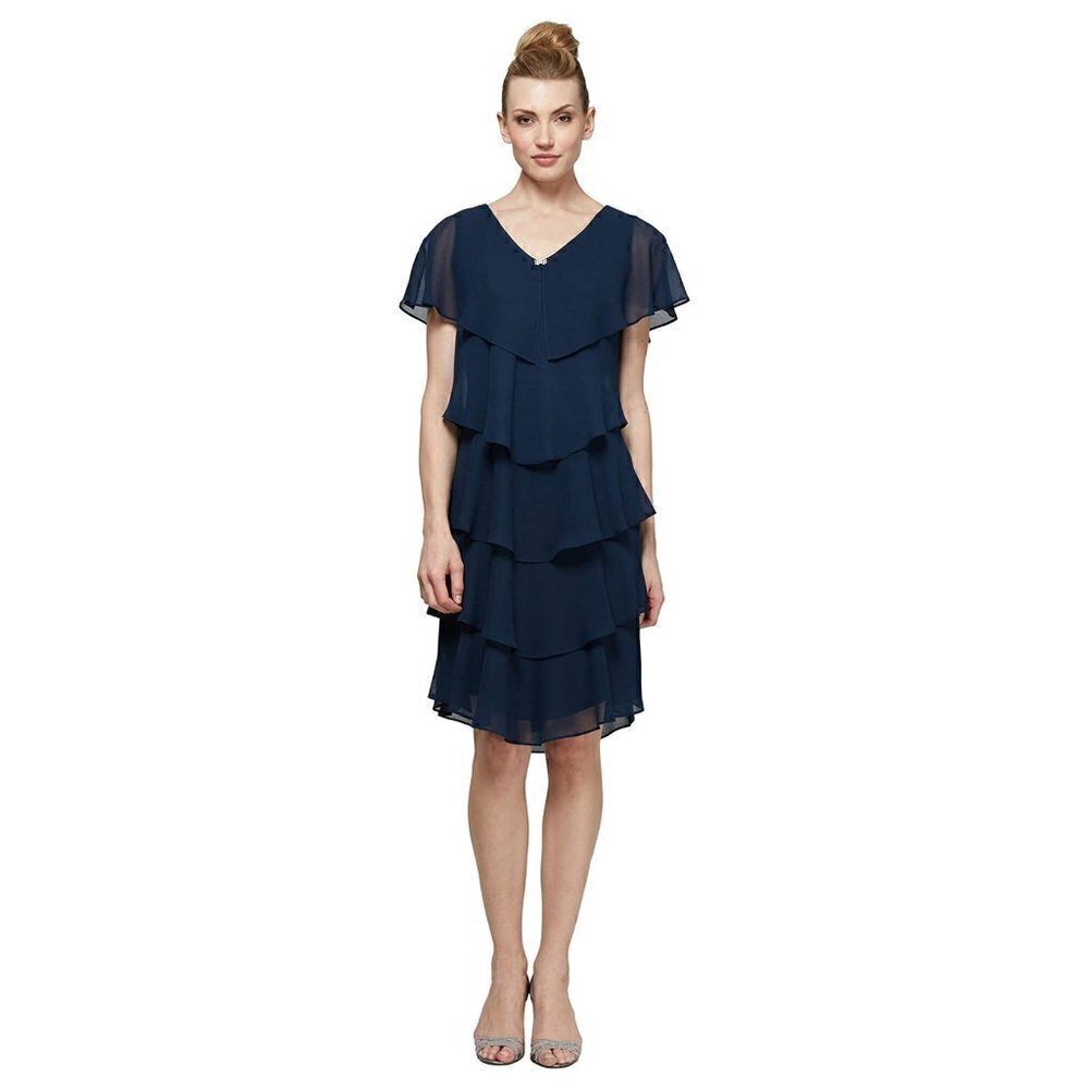 SLNY Short Sleeve Caped Tier Dress, Navy, Size 8